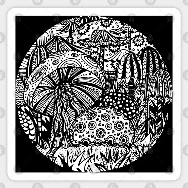 Mushroom Circle Var 2 - For Black Surround  White Detail Only Centre Aussie Tangle by Heather Sticker by Heatherian